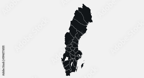 Black Silhouette Map of Sweden with Regional Borders on White Background