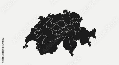 Black Silhouette Map of Switzerland with Cantons Outlined on a Light Gray Background