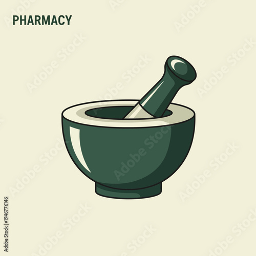 Medical Mortar and Pestle Illustration: Apothecary Symbol Depicting Health and Wellness Concepts