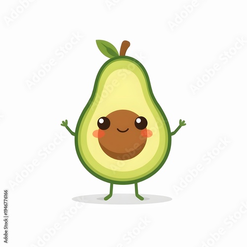 Cute avocado cartoon character with seed and leaf, isolated on white background