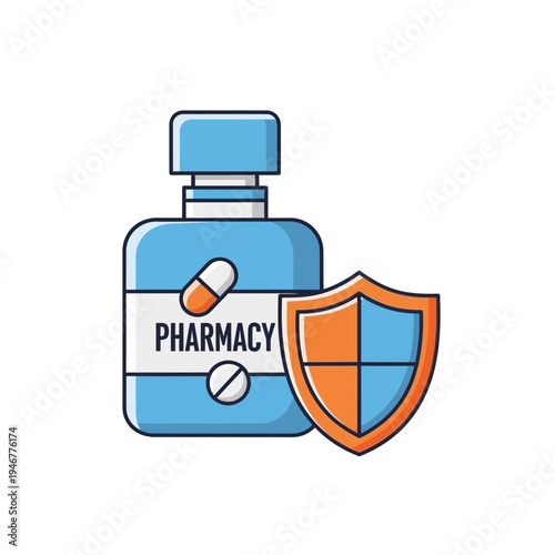Medical Pharmacy Protection Concept with Pills, Bottle, and Shield Symbolizing Health Assurance