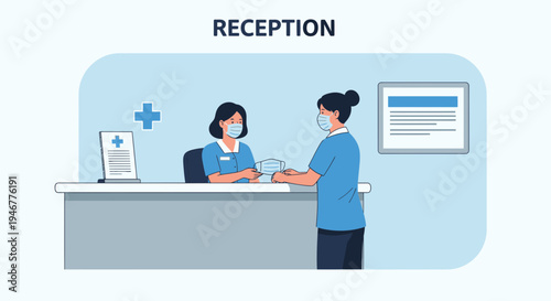 Medical Office Receptionist Offering a Face Mask to a Patient During Pandemic Times