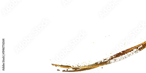 Golden fluid trail with glittering particles on white background, side view, abstract background, abstract splash, golden dust