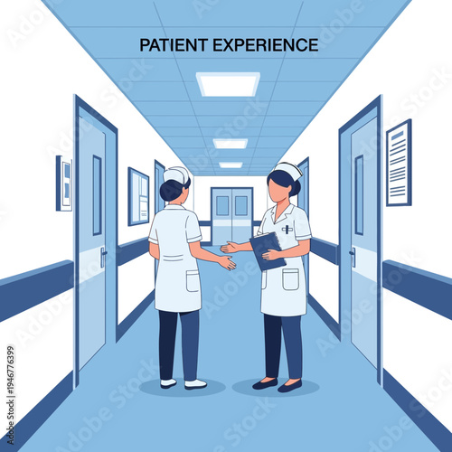 Medical Personnel Collaboration In Hospital Corridor Illustrating Patient Treatment And Care