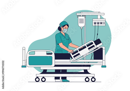 Medical Professional Adjusting Hospital Bed, Ensuring Patient Comfort and Care at Clinic