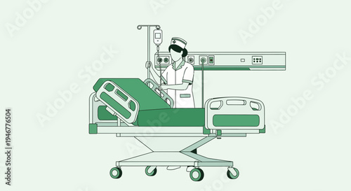 Medical Professional Adjusting Hospital Bed In A Modern, Green-Toned Treatment Room