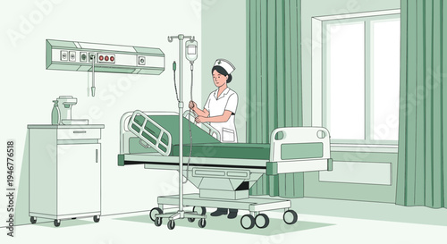 Medical Professional Adjusting Intravenous Drip In A Hospital Room With Bedside Cabinet