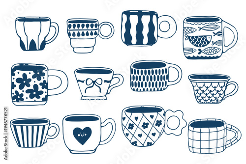 Hand drawn doodle cups collection with decorative patterns Minimal line art ceramic mugs in playful blue simple style Cozy kitchen illustration set for stickers, cafe branding, prints, lifestyle decor