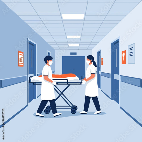 Medical Personnel Transporting Patient On Stretcher Down Hospital Corridor In Modern Healthcare
