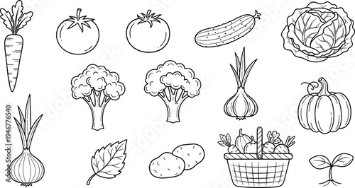 Collection of hand-drawn vegetables and a seedling, perfect for healthy eating and gardening themes
