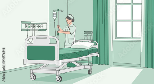 Medical Professional Adjusting IV Drip Bag Next To Patient Bed For Hospital Care