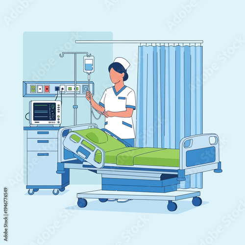 Medical Professional Adjusting Intravenous Drip Next to Patient Bed, Hospital Illustration