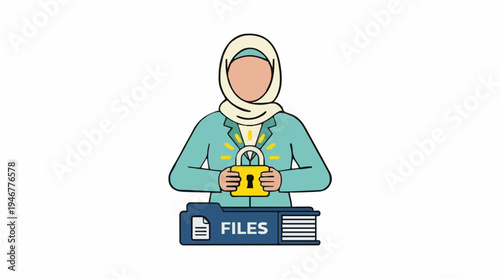 Muslim Woman In Hijab Securing Digital Information With Padlock Icon Over Files Folder Document Security Concept Clean Background