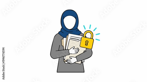 Woman Wearing Blue Hijab Holding Documents Secured with a Golden Padlock on White Background