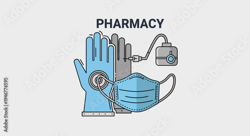 Medical Pharmacy Illustration Depicting Gloves, Mask, and Infusion Drip in a Clean Design