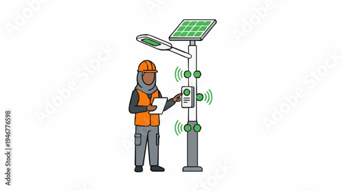 Female Technician in Hard Hat and Vest Inspects Solar Powered Smart Street Light With Wireless Signals On White Background
