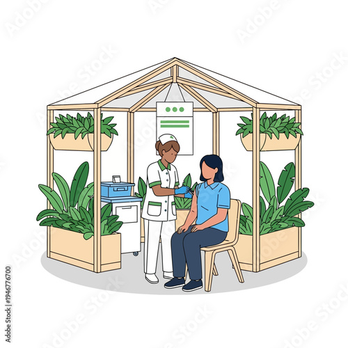 Medical Professional Administering Injection Inside a Modern Botanical Vaccination Booth