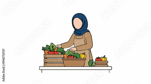 Muslim Woman in Hijab Arranging Fresh Vegetables at Market Stall with Wooden Crates and Baskets Full of Produce