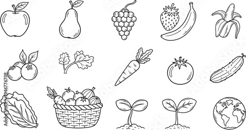 Collection of hand-drawn fruits, vegetables, and sprouts in a simple line art style