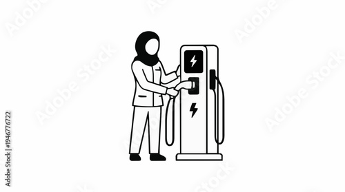Woman In Hijab Charging Electric Vehicle At Outdoor Charging Station With Lightning Bolt Symbol Indicating Power