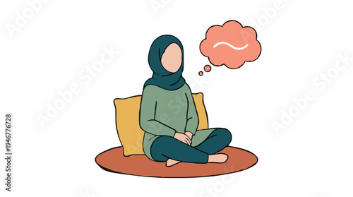 Muslim woman in teal hijab and tunic sitting cross legged on floor cushion thinking with thought bubble illustration style clean lines
