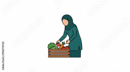 Woman in green hijab selecting fresh vegetables from a wooden crate at a market on a white background