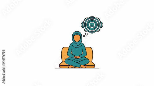 A Person Wearing Teal Hijab and Robes Sits Cross-Legged on Orange Cushion Meditating With Circular Thoughts Above Head