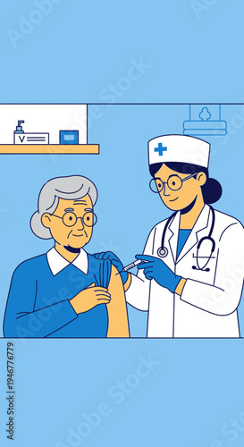 Medical Professional Administering Vaccine Shot to Senior Patient in Clinical Setting Illustration