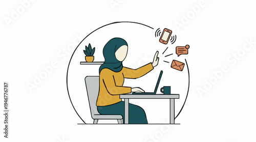 Woman Wearing Hijab Typing on Laptop at Desk with Notifications Appearing on Screen in a Minimalist Office Setting