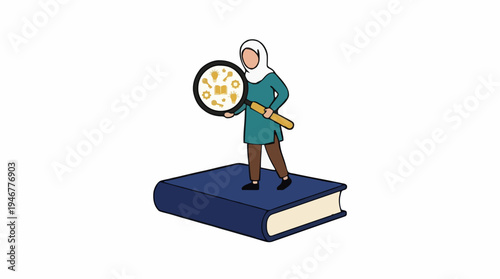 Muslim Woman with Hijab Inspecting Symbols of Knowledge and Learning Using Magnifying Glass Standing on Blue Book