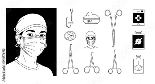 Medical Professional And Surgical Instruments Depicted In Distinct Line Art Style