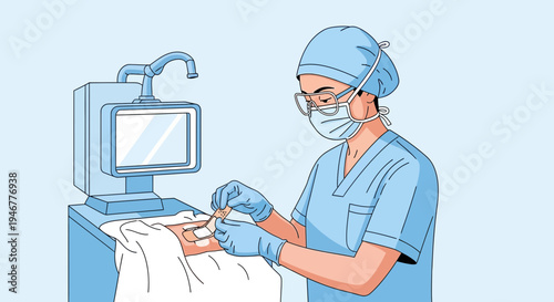 Medical Professional Applying Bandage During Treatment, Healthcare Illustration in Blue Tone