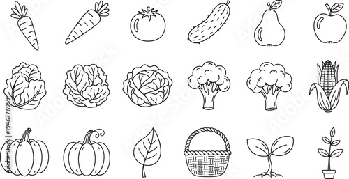 Collection of hand-drawn vegetable and fruit icons in a simple outline style