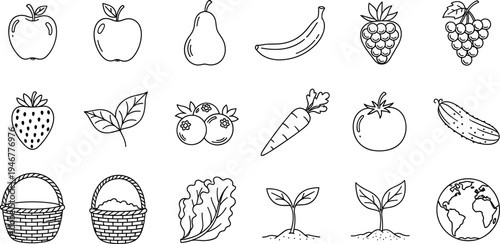 Collection of hand-drawn fruits, vegetables, and nature icons in a simple line art style