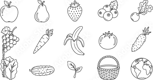 Collection of hand-drawn fruits, vegetables, and nature elements in a simple line art style