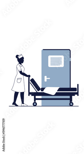 Medical Professional Cares For Patient, Nurse Pushing Bed Near Hospital Room Doorway