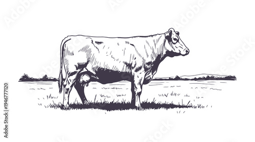 Monochrome hand-drawn cow standing in a pasture, illustrated in side view sketch form.