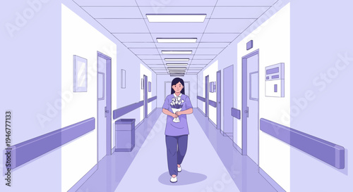 Medical Professional Carrying Flowers Walking in Hospital Hallway Towards the Camera