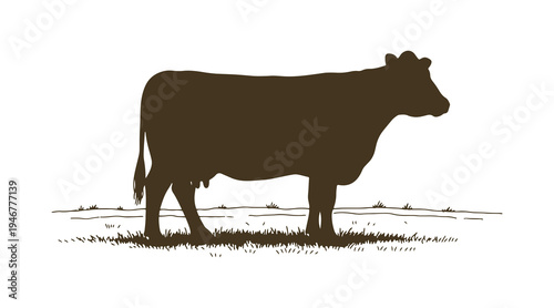 Simple sketch of a cow standing on grass, side perspective in hand-drawn black ink style.