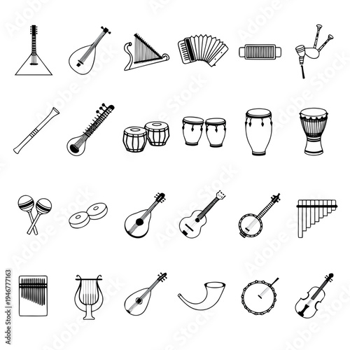 Various musical instruments illustrated in black and white style  