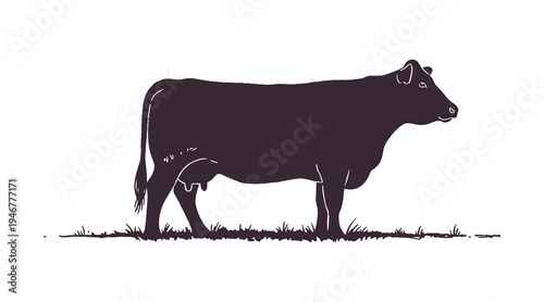 Rustic hand-drawn cow illustration in profile, standing on a grassy field in monochrome.