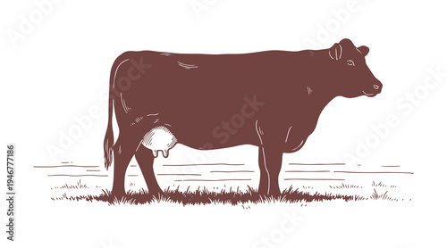 Monochrome sketch of a cow seen from the side, standing in a pasture, hand-drawn style.