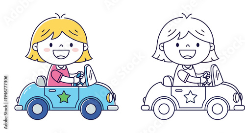 Cute happy little girl driving a blue toy car. Vector cartoon illustration colored and black and white line art outline for kids coloring book.