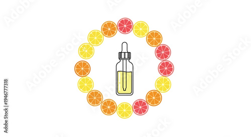 A dropper bottle surrounded by colorful flowers.