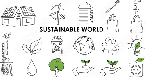 Collection of hand-drawn icons representing sustainable living and environmental protection concepts