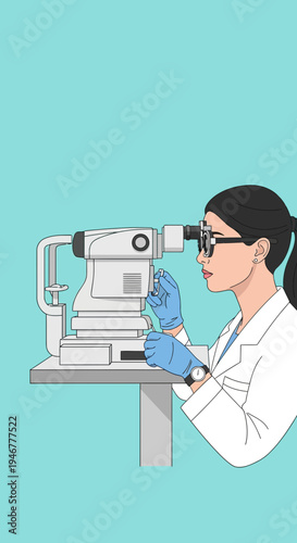 Medical Professional Conducting Eye Examination With Advanced Equipment On Turquoise Background