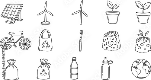 Collection of hand-drawn icons representing sustainable living and eco-friendly choices