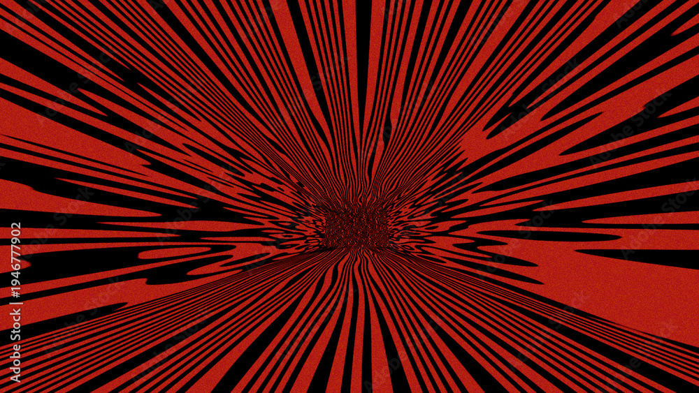 Obraz premium Red and black distorted warp tunnel pattern with stretched lines and deep perspective center