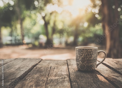 A cup of coffee with a sunny trees backdrop