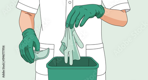 Medical Professional Discarding Used Gloves Into a Waste Container After Procedure